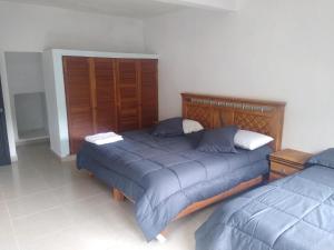a bedroom with two beds with blue comforters at Hospedaje Anayauhcalli in Tepoztlán