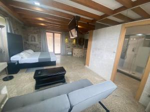 Hotel Rural Finca Aldeola في مالبيسا: غرفة معيشة مع أريكة وسرير