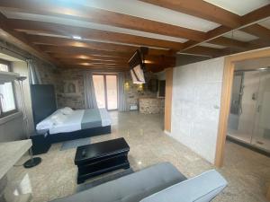Habitación con cama, sofá y TV. en Hotel Rural Finca Aldeola, en Malpica de Bergantiños