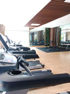 布城的住宿－Staycationbyrieymona - 3BR Condo, CLIO 2, Putrajaya，健身房里的一排跑步机