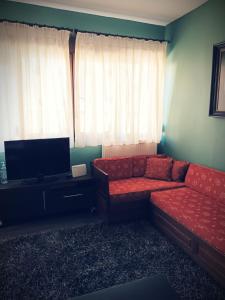 sala de estar con sofá rojo y TV de pantalla plana en Village House Grevena en Grevena
