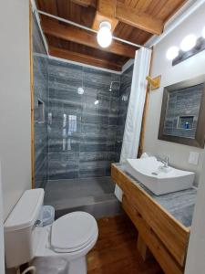 y baño con aseo, lavabo y ducha. en The Odyssey Resort Utila, en Utila