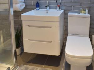 łazienka z białą umywalką i toaletą w obiekcie Baileyfield Cottage w Edynburgu