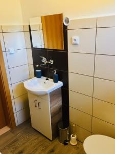 a bathroom with a sink and a mirror at Chalupa Zdíkov na Šumavě in Zdíkov