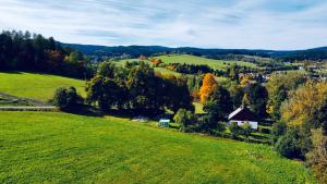 ein grünes Feld mit Bäumen und ein Dorf in der Ferne in der Unterkunft Chalupa Zdíkov na Šumavě in Zdíkov