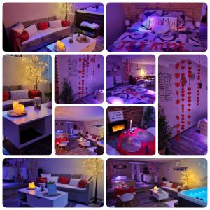 un collage di immagini di un soggiorno di Chambres d'hôtes avec jacuzzi privatif a Westrehem
