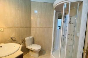 a bathroom with a toilet and a shower and a sink at apartamentos lleguera 1 in Llanes