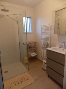 a bathroom with a shower and a sink at Les coquetières in Roz-sur-Couesnon