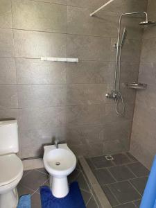 La salle de bains est pourvue d'une douche et de toilettes. dans l'établissement Chez Guy , vue sur l'océan, à Tiputa
