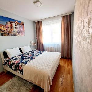 a bedroom with a bed and a large window at Apartman 49 in Subotica