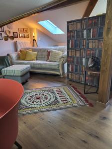 a living room with a couch and bookshelves at Countryside apartment in Volkenschwand