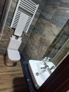 La salle de bains est pourvue d'un lavabo, de toilettes et d'un miroir. dans l'établissement Hostal Corazón de Madrid, à Madrid