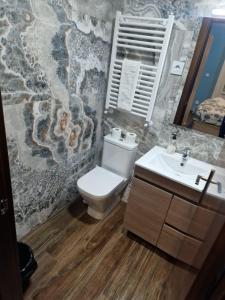 a bathroom with a toilet and a sink and a mirror at Hostal Corazón de Madrid in Madrid