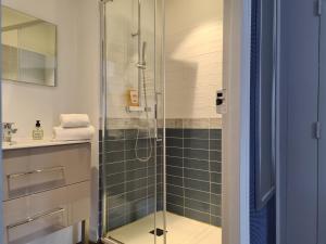ノジャン・シュル・セーヌにあるLe Relais de l'endormieのバスルーム(ガラス張りのシャワー、シンク付)