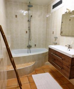een badkamer met een bad, een wastafel en een douche bij Appt Morne la Loge in Pointe-à-Pitre