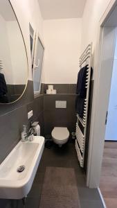 La salle de bains est pourvue d'un lavabo, de toilettes et d'un miroir. dans l'établissement Designwohnung Schaufenster sehr zentral gelegen, à Hanovre