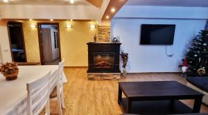 a living room with a fireplace and a christmas tree at Bota Apartments in Vulcan