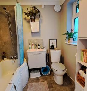 uma casa de banho com um WC, um lavatório e uma banheira em Dragonfly Retreat Lowestoft Suffolk em Pakefield