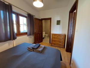 a bedroom with a blue bed and a wooden dresser at Watra apartamenty z aneksami in Wetlina