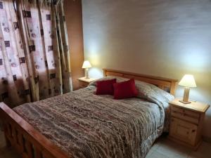 1 dormitorio con 1 cama con almohadas rojas y 2 lámparas en Colorina - El Nihuil en El Nihuil