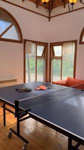 una gran mesa de ping pong en una habitación con ventanas en Casa en Ushuaia en Ushuaia