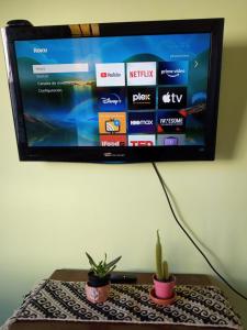 a television on a wall with a table with a plant at El Boulevard in Viedma