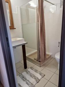een badkamer met een douche, een wastafel en een toilet bij Studio rénové au coeur de Sainte Anne in Sainte-Anne
