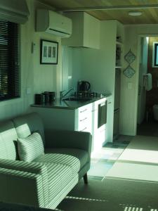 a living room with a couch and a kitchen at Boutique Tiny House - Te Anau Country Accommodation in Te Anau
