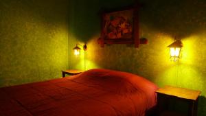 a bedroom with a bed and two lights on the wall at KACLLA, The Healing Dog Hostel in Lima