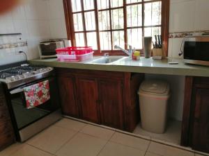a kitchen with a sink and a stove at Gaia Lodge in Boquete