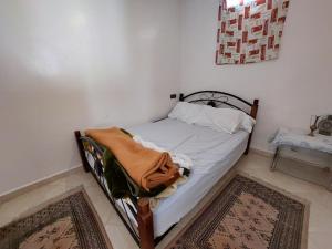 Cama pequeña en habitación con 2 alfombras en Samsat House Apartment Taghazout, en Taghazout