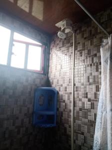 baño con ducha y urinario azul en Posada Lu.Lu, en Choachí