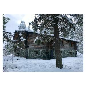 una cabaña de madera en la nieve con un árbol en Kelogornitsa en Kittilä