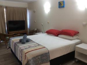 um quarto com uma cama com almofadas vermelhas e uma televisão em Ulysses 10 em Mission Beach