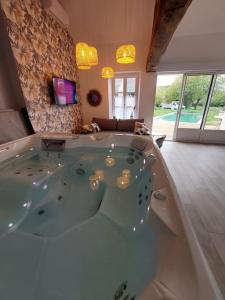 a large bath tub in a room with a tv at L'incontournable - Loiret Spa in Ladon