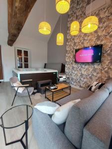 a living room with a couch and a pool table at L'incontournable - Loiret Spa in Ladon