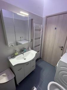 uma casa de banho com um lavatório branco e um espelho. em Comfy big apartment in Athens em Atenas