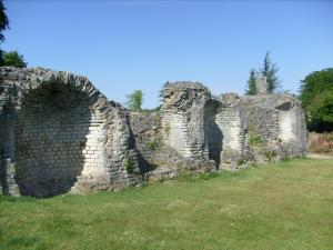 een oude stenen muur in een grasveld bij Maison Saloine in Saintes
