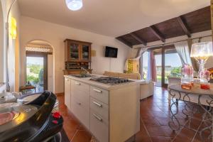 a kitchen with a stove and a living room at Villa Sa Pintadera private pool in Stintino +15 photos