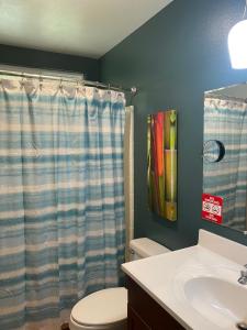 a bathroom with a shower curtain and a toilet at The big house - 30 days in Kailua-Kona