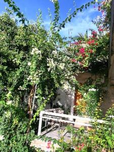 a white bench sitting in a garden with flowers at Lonos Circle Terrace view in Romblon