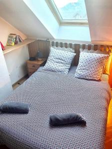 um quarto com uma cama com uma almofada em Duplex Samoëns 4/6 couchages em Samoëns