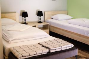two beds in a room with two tables with lamps at Tenis Park Advantage in Bielsko-Biała