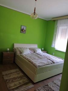 バラトンフェニヴェシュにあるHoliday home in Balatonfenyves 18415の緑のベッドルーム(ベッド1台、窓付)