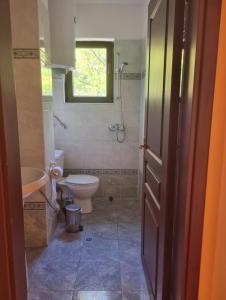 a bathroom with a toilet and a sink and a window at Комплекс Белла Терра in Gostilitsa