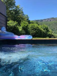 un bassin d'eau avec un radeau et un gonflable dans l'établissement Villa avec piscine, terrasse, jardin et vue…, à Bort-les-Orgues