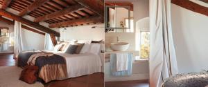 2 fotos de un dormitorio con cama y baño en La Garriga de Castelladral, en Castelladral