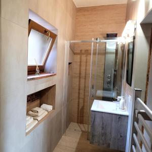 a bathroom with a shower and a sink and a mirror at Agriturismo Poggio la Lodola in Massa Marittima