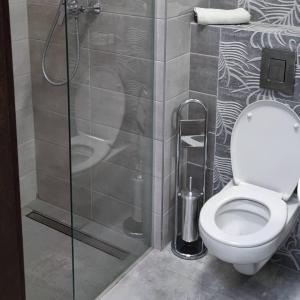 La salle de bains est pourvue d'une douche et de toilettes. dans l'établissement Hotelik Kościerzyna, à Kościerzyna