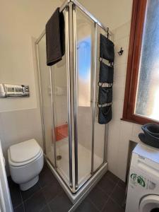 La salle de bains est pourvue d'une douche et de toilettes. dans l'établissement Incantevole mini appartamento in centro a Padova., à Padoue